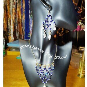 Cobalt Blue & Clear Glass Crystal Necklace and Earring Set . SHIPS FREE
